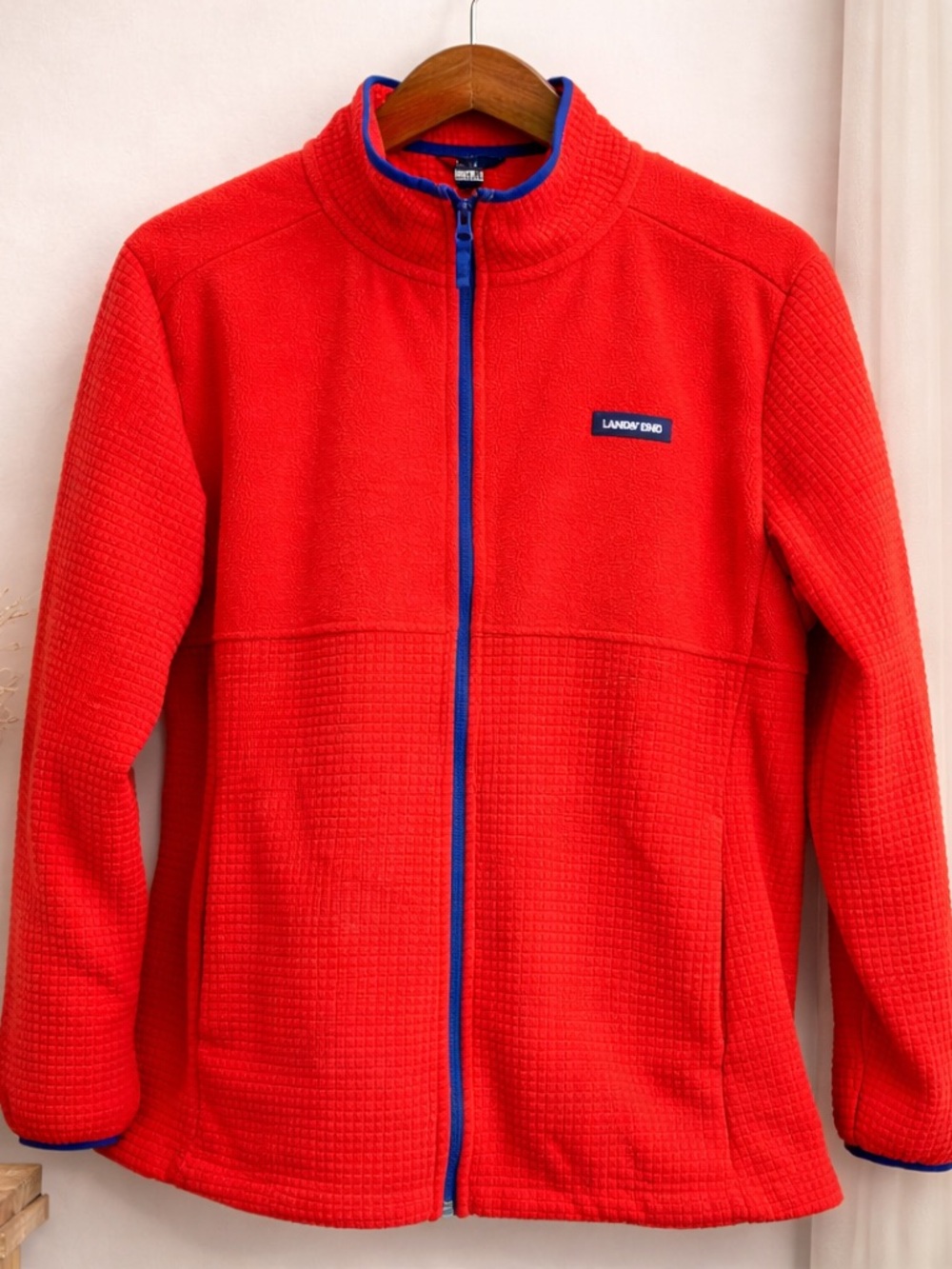 Lands' End Bright Red Fleece Jacket with Blue Zipper Trim